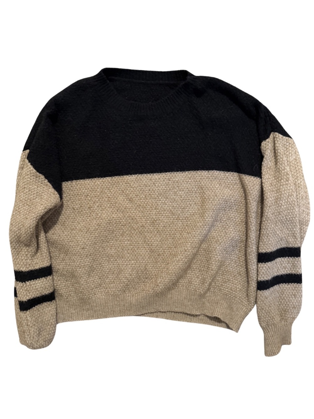 Chunky Colorblock Crewneck Sweater in Black and Tan